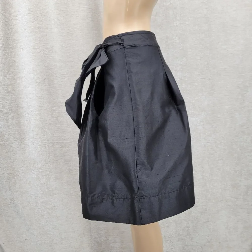 Trina Turk Silk Crepe Black A-Line Pleated Midi Skirt Bow Ties Waist Pockets